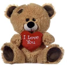 Paws Brown Patchwork Teddy Bear holding Red Heart with "I Love You" written on it Golden Brown, 10.5"