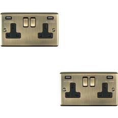 Loops 2 PACK 2 Gang Single UK Plug Socket & 2.1A USB ANTIQUE BRASS Black 13A Switched