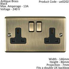 Loops 2 Gang Double UK Plug Socket ANTIQUE BRASS 13A Switched Mains Wall Power Outlet