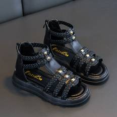 Textile Sandals DreamSilent Black strappy, Kids Girls Roman Sandals Rivet Strappy Flats Kids Summer Holiday Beach Princess Shoes