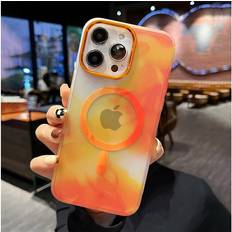PlayMc iPhone 13 For Magsafe Magnetic Wireless Charging Art Watercolor Painting Phone Case For iPhone Rainbow Silicone Soft Cover Orange