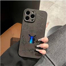 PlayMc iPhone SE 2020 Pikachu leather Embossing laser Cartoon Phone Case For iPhone Case Cute Cover Black