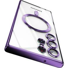 BOSHENG Purple, For Samsung S22 Luxury Plating Soft Magnetic Phone Case ForGalaxy S23 S22Plus For MagSafe Camera Lens Protector Clear Case Cover