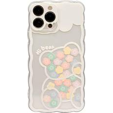 iPhone 14 Case for Women Girls, Lovely Floral Strawberry Pattern Wave Comfortable Grip Design for Girly, Flower Bear