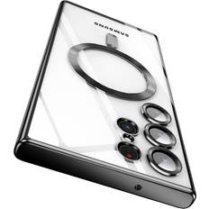 BOSHENG Black, For Samsung S23Plus Luxury Plating Soft Magnetic Phone Case ForGalaxy S23 S22Plus For MagSafe Camera Lens Protector Clear Case Cover