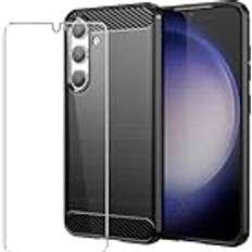 SDTEK Case Compatible with Samsung Galaxy S24, Full Body Front and Back 360 Protection Carbon Fibre Phone Cover with Tempered Glass Screen Protector Black