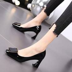XZGSTORE US4.5 AU4/4.5 EUR35 22.5cm, Black Women Patent Leather Block Heels OL Pumps Square Toe Office Dress Formal Shoes