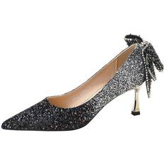 XZGSTORE US8 AU7.5 EUR39 24.5cm, Black silver 6.5cm Women Bowknot Pointed Sequins Bridal Wedding Shoes Glitter Stiletto Heels Pumps