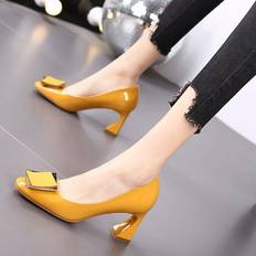 XZGSTORE US7/7.5 AU7 EUR38 24cm, Yellow Women Patent Leather Block Heels OL Pumps Square Toe Office Dress Formal Shoes