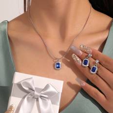 Blue Jewellery Sets Shein Gemstone Pendant Necklace And Earring Jewelry Set - Wedding Party Dress Accessories