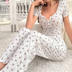 Multicoloured Pyjamas Shein Heart & Polka Dot Print Button-Decorated Pajama Set
