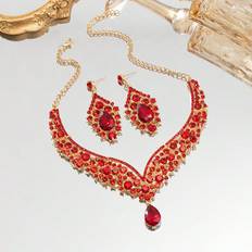 Röd Smyckesset Shein European And American Retro Exaggerated Crystal Gemstone Short Collarbone Necklace & Earrings Set, Pieces, Fashion Accessories, Red