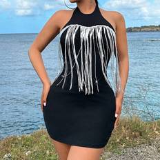 Shein Sleeveless Sparkly Tassel Halter Neck Bodycon Dress