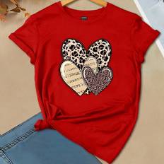 Leopard - Röda Överdelar Shein Romantic And Cute Leopard Pattern Heart Print Casual T-Shirt