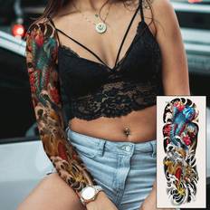 Makeup Shein 1pc Colored Full Arm Dragon, Koi Fish And Waves Pattern Temporary Tattoo Sticker