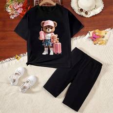 128/134 Övriga sets Shein Tween Girls' Casual Cartoon Printed T-Shirt And Slim Fit Shorts Set, Suitable For Summer
