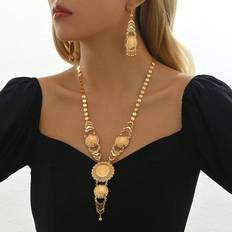 Pink Jewellery Sets Shein Vintage Style Mosque Copper Tone Rose Necklace Earrings Set - Multicolore