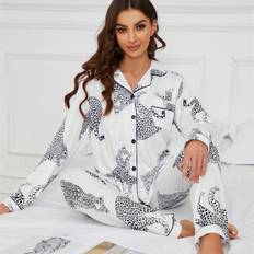 Leopard - Women Sleepwear Shein Casual Animal Leopard Print Collared Long Sleeve Top And Loose Pants Comfortable Women's Pajamas Set