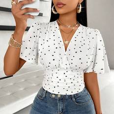 Pleats Blouses Shein Solersun Heart Print Butterfly Sleeve Ruched Side Blouse Pleated Shirt - Tops