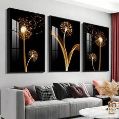 Shein 3pcs Abstract Golden Dandelion Luxury Wall Art Canvas Painting, For Room Cuadros Tavla