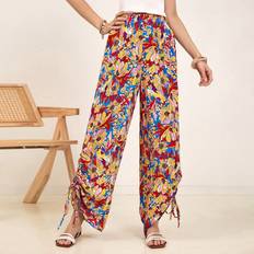 Multifärgade - Tyg Byxor Shein Floral Print Drawstring Cuff Pants