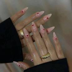 False Nails on sale Shein Press On Nails Almond Cute Red Heart Pattern - Jelly Glue