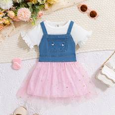 Shein 2pcs/Set Baby Girl's Spring/Summer Outfit, Denim Embroidery Overalls Top Pink Tulle Skirt