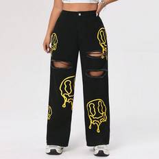 4XL Jeans Shein Plus Straight Leg Jeans With Printed Emoticons And Distressed Details