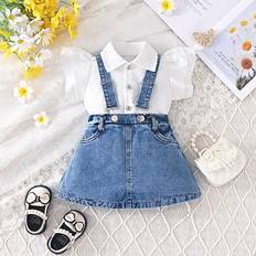 Shein 2pcs Baby Girl's Denim Overalls Dress And Ruffle Sleeve Blouse Set