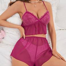 Purple - Women Pyjamas Shein Women's Lace Splice Plain Short Pajamas Set - Spaghetti Strap