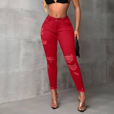 Red - Women Jeans Shein Solid Color Skinny Fit Distressed Raw Hem Jeans