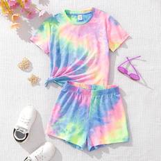 Multifärgade Övriga sets Barnkläder Shein Tween Girl's Casual Tie-Dye Pattern Short Sleeve T-Shirt And Shorts Set For Summer