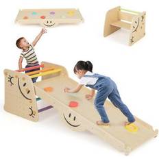 Costway Wooden Climbing Toy Triangle Climber Set with Seesaw-Multicolor