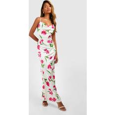 Purple - Women Dresses boohoo Floral Satin Midi Cowl Slip Dress Purple