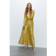 Yellow Jumpsuits & Overalls Warehouse Sparkle Plunge Wide Leg Jumpsuit Mustard