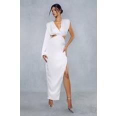 White - Wrap Dresses Misspap Premium Satin Shoulder Pad Draped Sleeve Twist Maxi Dress Ivory