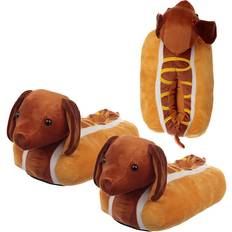 Brown - Unisex Slippers Puckator Hot Dog Fast Food Unisex One Pair of Plush Slippers