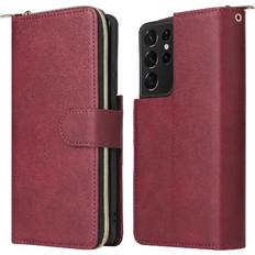 Samsung Galaxy S21 Ultra Wallet Cases GANGXUN Red Case For Samsung Galaxy S21 Ultra With Hand Strap Zipper Pocket Wallet Case With 9 Card Slots Card Holder Flip Cover