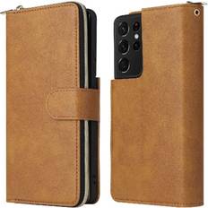 Samsung Galaxy S21 Ultra Wallet Cases GANGXUN Brown Case For Samsung Galaxy S21 Ultra With Hand Strap Zipper Pocket Wallet Case With 9 Card Slots Card Holder Flip Cover