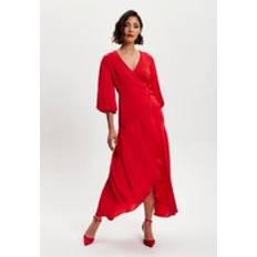 Liquorish Red Midi Wrap Dress With Short Puff Sleeves