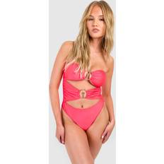 Gold Swimsuits boohoo Gold Trim Bandeau Cut Out Swimsuit Coral