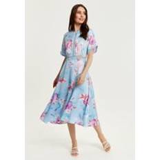 Liquorish Midi Floral Print Dress With Mesh Detail In Blue