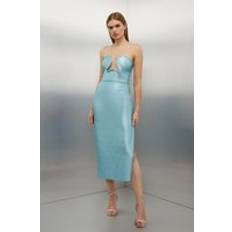 Clothing Karen Millen Foiled Figure Form Bandage Corset Detail Knit Midi Dress Pale Blue