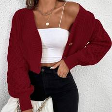 Red - Women Cardigans Shein Short Fashionable Textured Cardigan With Bright Solid Color And Open Front Design