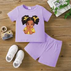 Purple Other Sets Children's Clothing Shein Baby Girls' Cartoon Fashionable Little Girl Pattern Short Sleeve Top And Shorts 2pcs Set For Summer