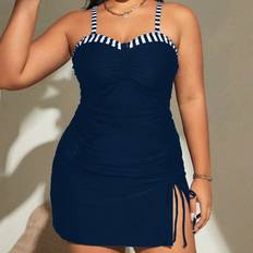 XXL Tankinis Shein Plus Size Summer Beach Contrast Striped Ruched Tankini Set