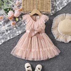 Polyester Klänningar Shein Baby Girl's Cute & Elegant A-Line Polka Dot Mesh Splice Sleeveless Dress With Gathered Waist, Spring/Summer