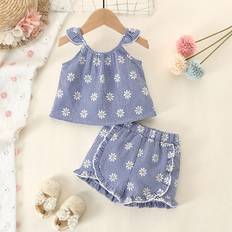 Shein Baby Girls' Adorable Plaid & Daisy Patterned Tank Top And Shorts Set