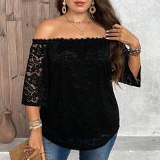 Black - Women Blouses Shein Plus Black Lace One Shoulder Blouse