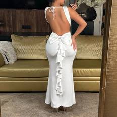 White - Women Dresses Shein Summer White Party Dress, Sexy Elegant Backless Design With Bow And Ruffle Trim Mermaid Long Gown